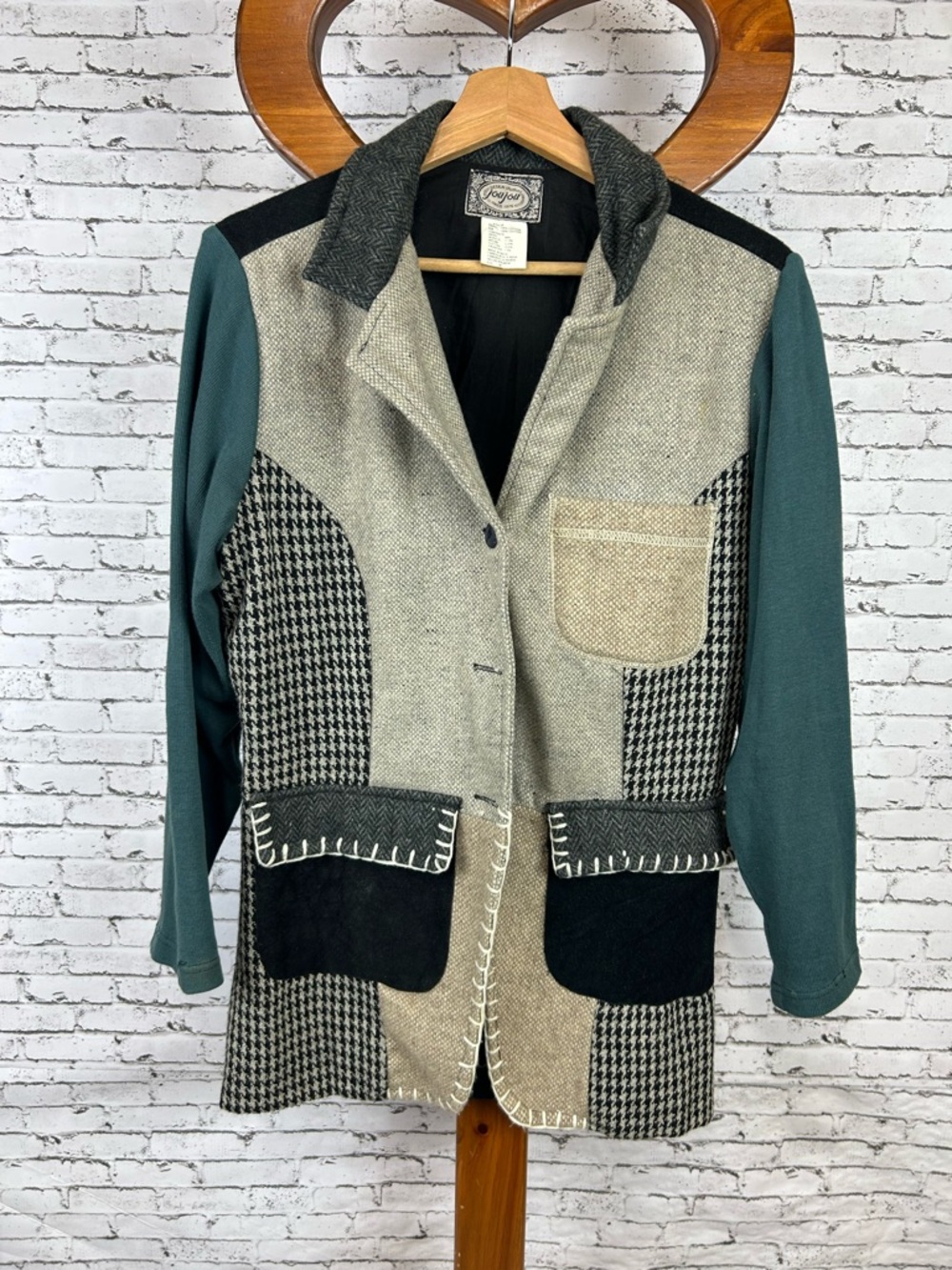 Jou Jou | Navy Teal, Black and Gray Patchwork Blazer 100% cotton size M